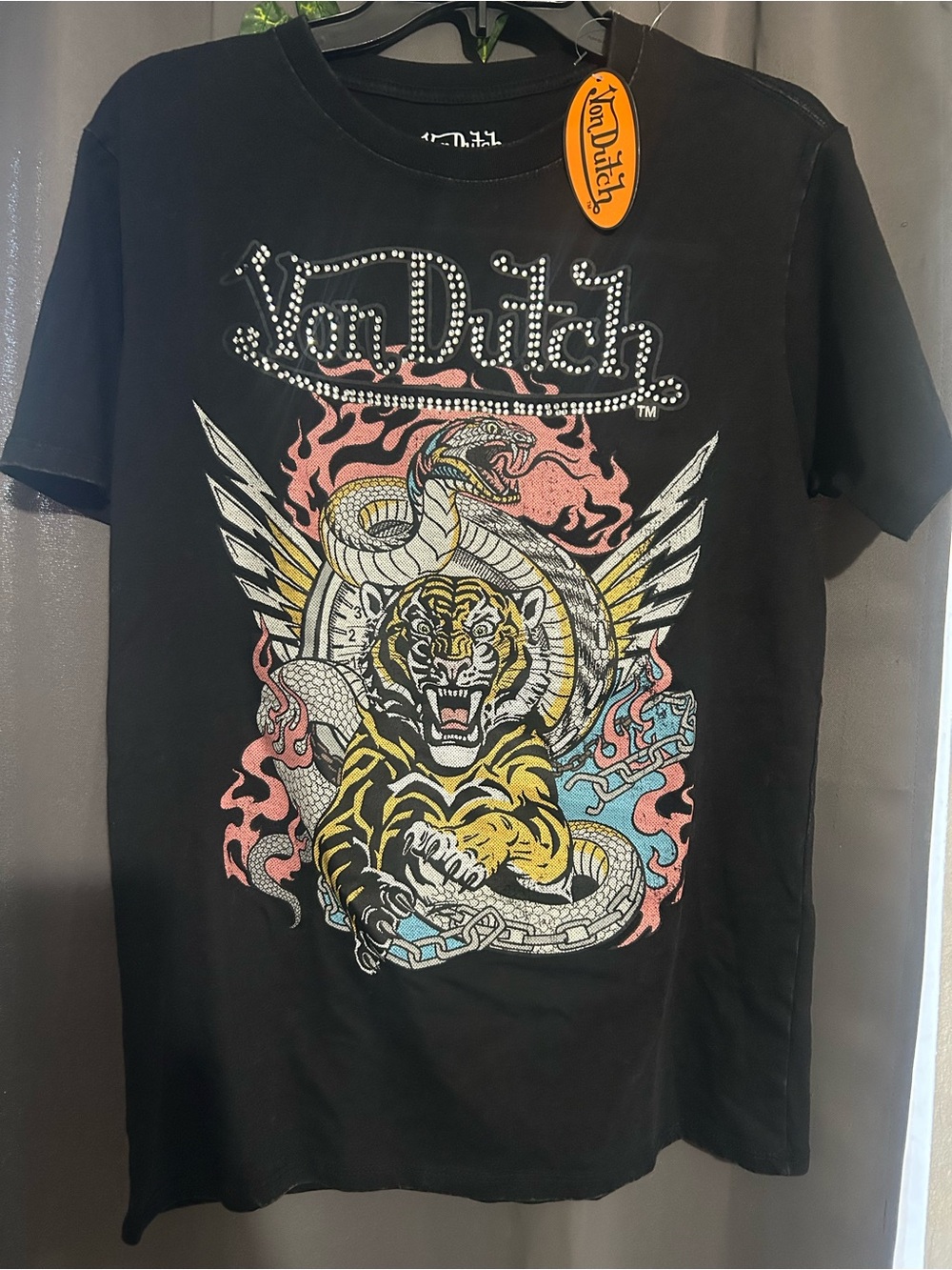 Von Dutch Black Tee with Tiger, Snake & Wing Graphic
